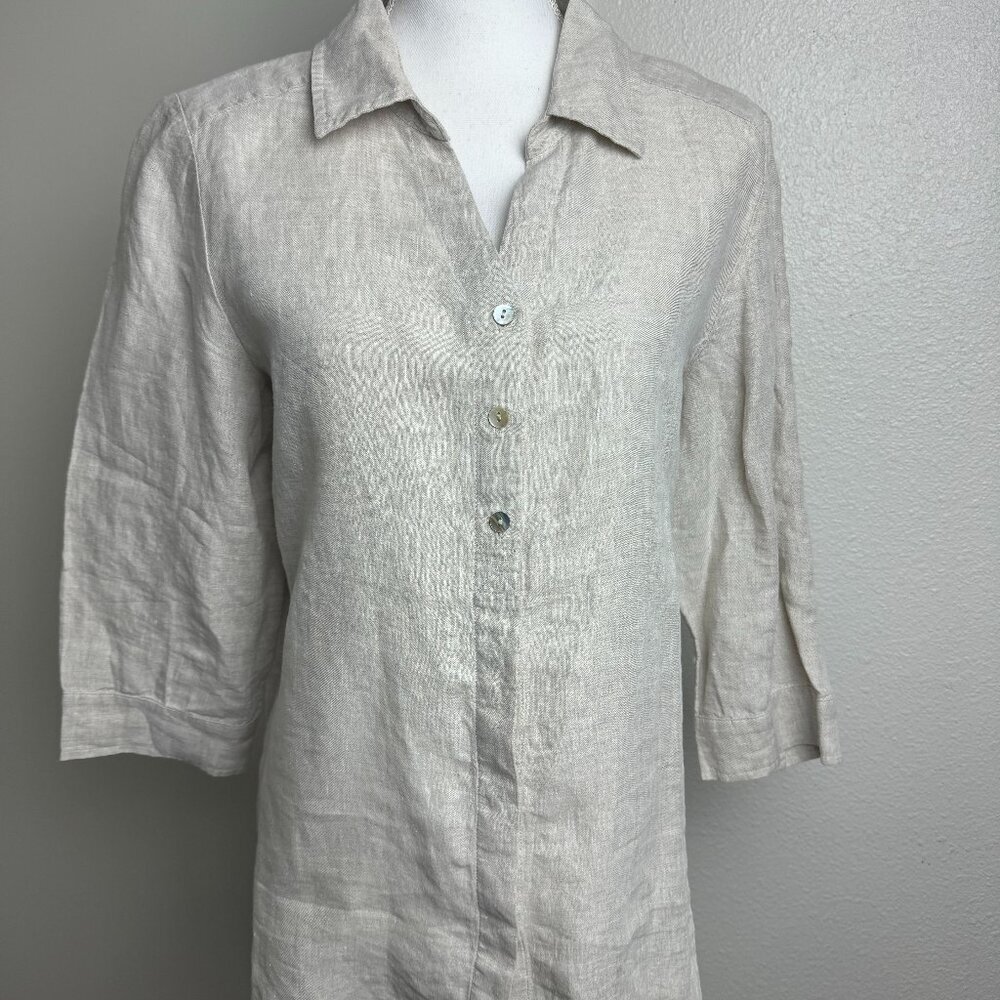 Chico's 100% Linen V Neck Button Tunic Top Blouse Size 1 Like NEW